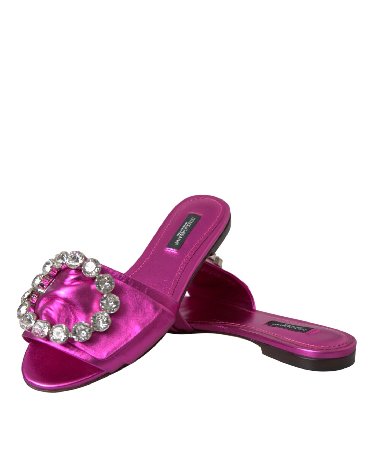 Dolce &amp; Gabbana Fuchsia Crystal Läder Flats Sandaler Skor