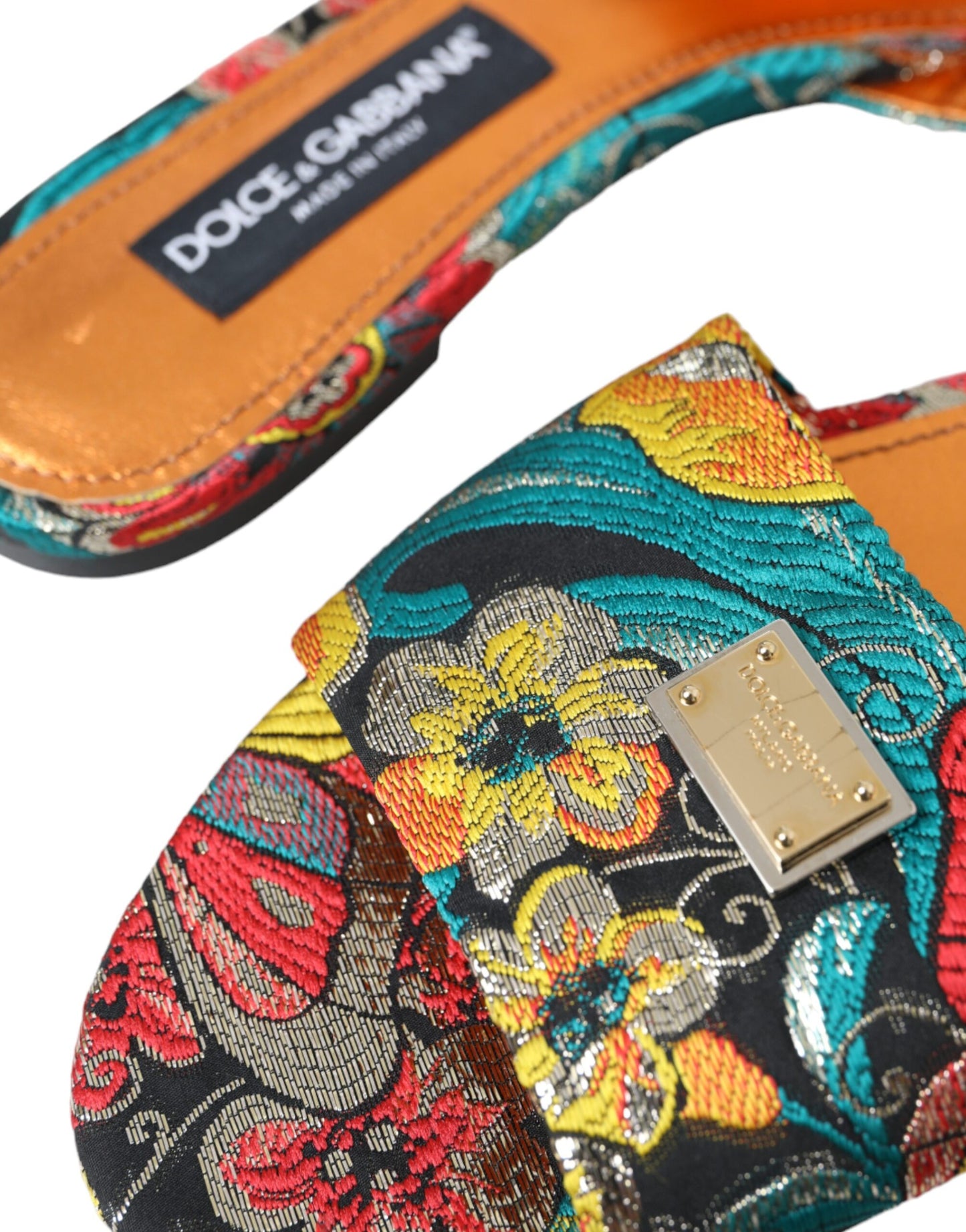 Dolce &amp; Gabbana Flerfärgad blommig brokadlogotyp Flats Sandaler Skor