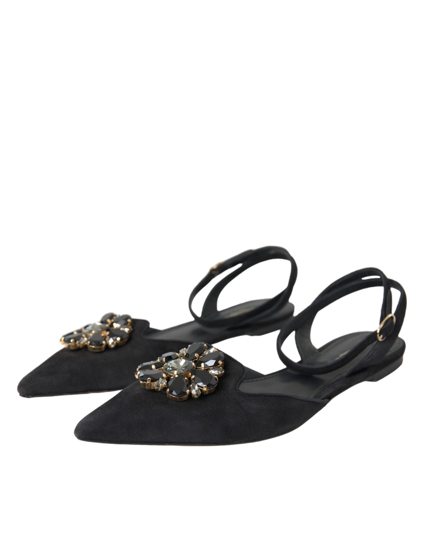 Dolce &amp; Gabbana Black Leather Crystal Slingback Sandals Skor