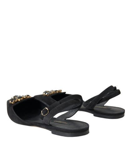 Dolce &amp; Gabbana Black Leather Crystal Slingback Sandals Skor