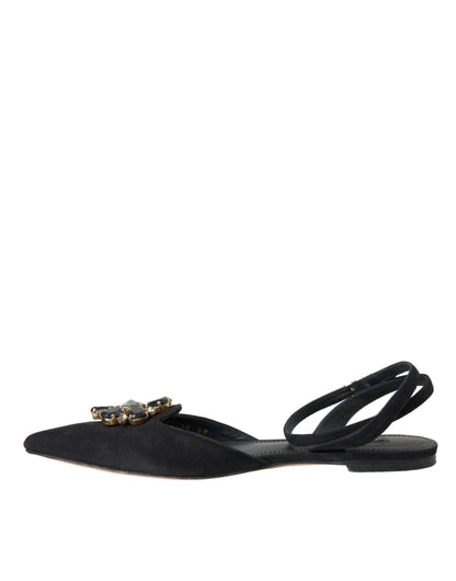 Dolce &amp; Gabbana Black Leather Crystal Slingback Sandals Skor