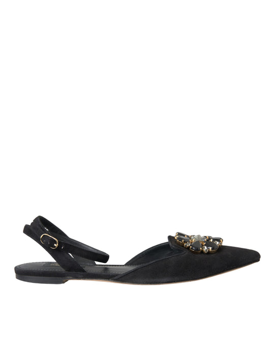 Dolce &amp; Gabbana Black Leather Crystal Slingback Sandals Skor