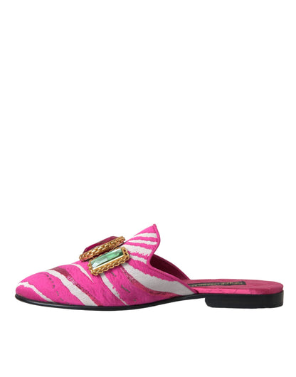 Dolce & Gabbana Pink Jacquard Crystal Mule Flat Sandals Shoes