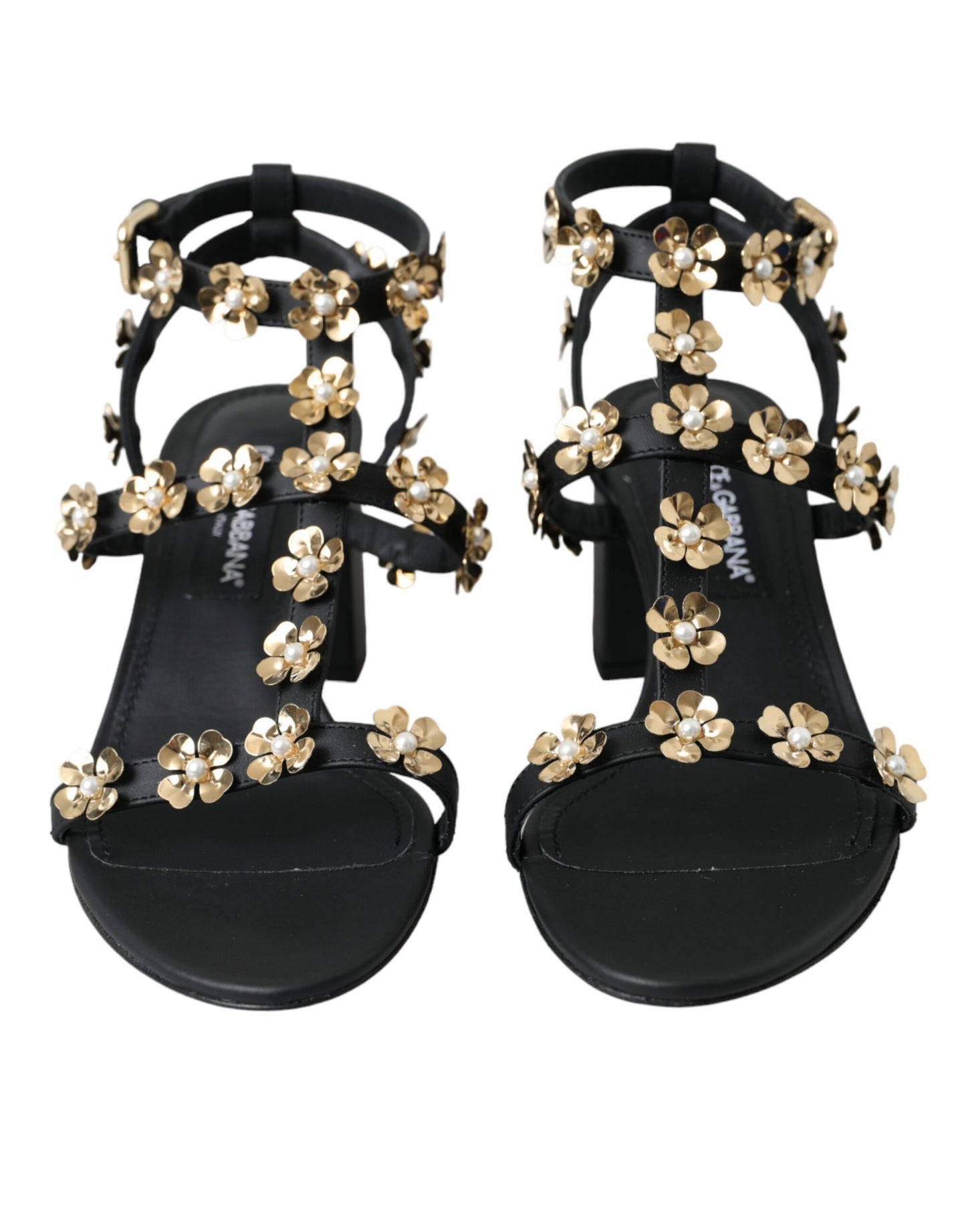 Dolce & Gabbana Black Leather Embellished Heel Sandal Shoes