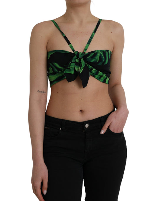 Dolce &amp; Gabbana Black Green Leaf Silk Halter Cropped Top