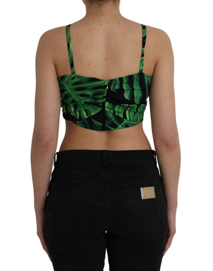 Top corto con cuello halter de seda con hojas verdes y negras de Dolce &amp; Gabbana