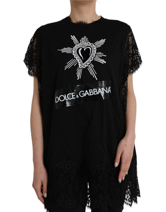 Dolce &amp; Gabbana T-shirt i bomullsspets i svart Sacred Heart Print