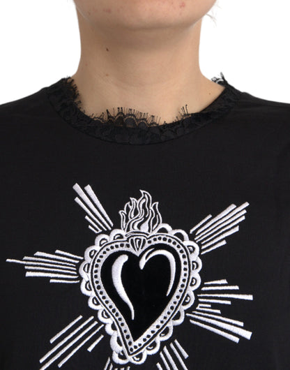 Dolce &amp; Gabbana T-shirt i bomullsspets i svart Sacred Heart Print