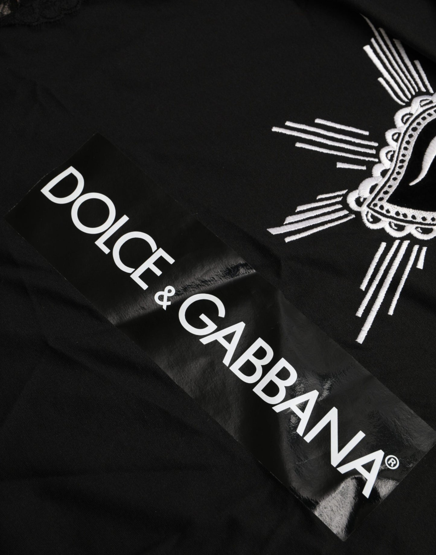 Dolce &amp; Gabbana T-shirt i bomullsspets i svart Sacred Heart Print