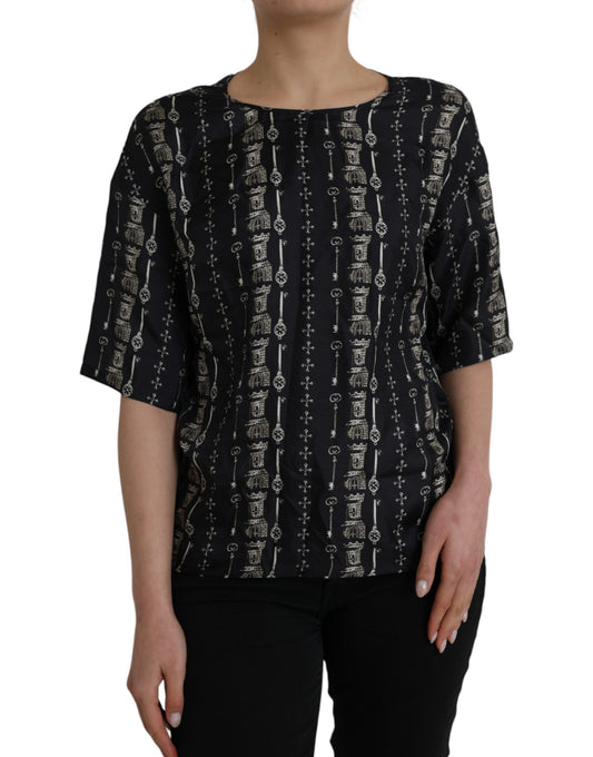 Dolce &amp; Gabbana Black Key Castle Print Silk Blus T-shirt