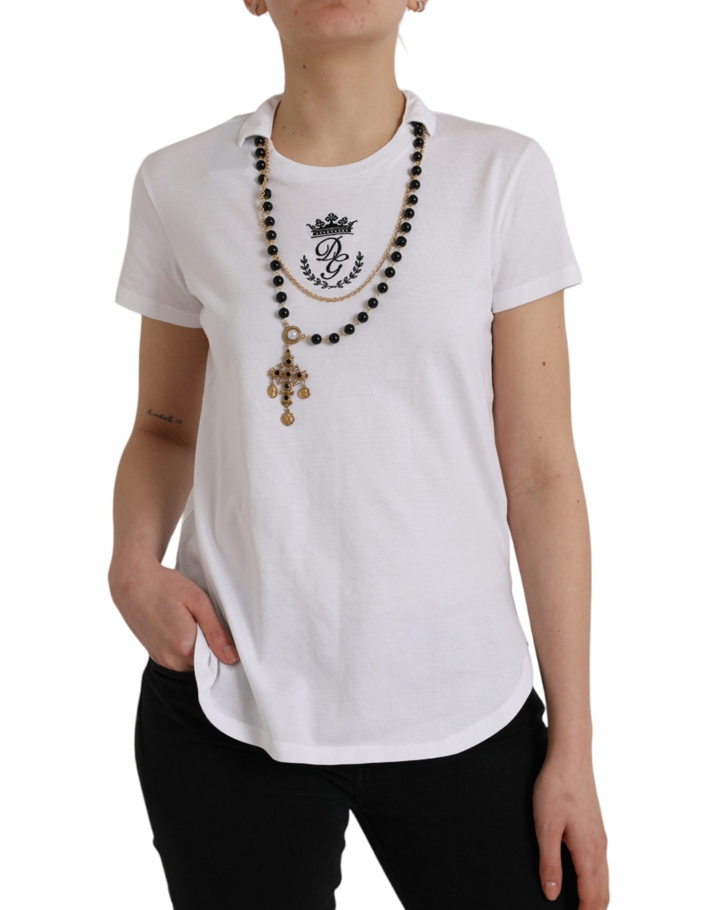 Camiseta de manga corta con cuello de algodón blanco de Dolce &amp; Gabbana