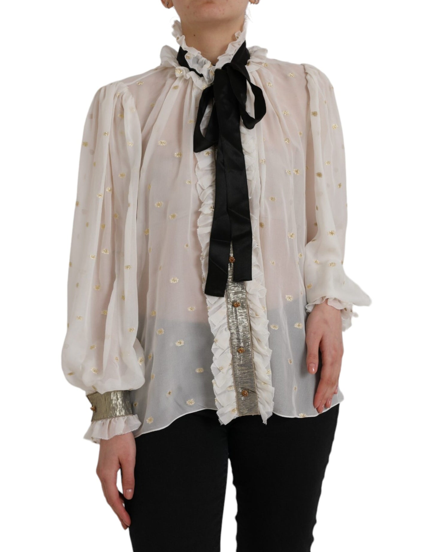 Blusa con cuello Ascot en mezcla de seda color blanco roto de Dolce &amp; Gabbana