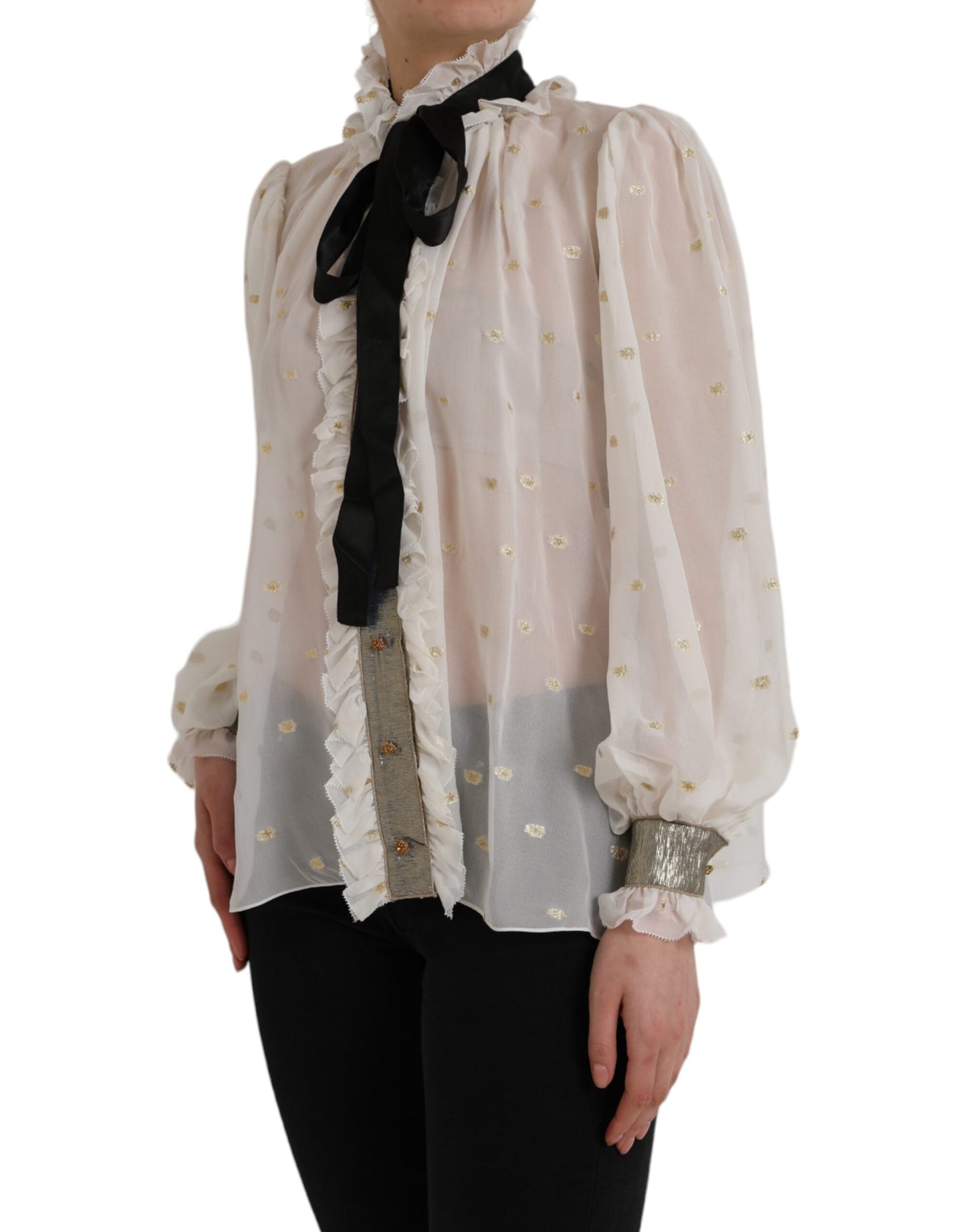 Blusa con cuello Ascot en mezcla de seda color blanco roto de Dolce &amp; Gabbana