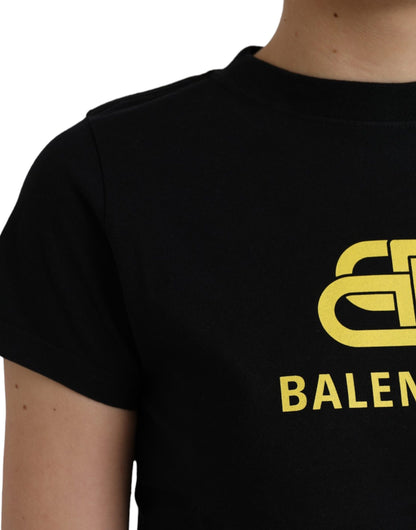 Camiseta de manga corta con cuello redondo y estampado de logotipo de algodón negro de Balenciaga