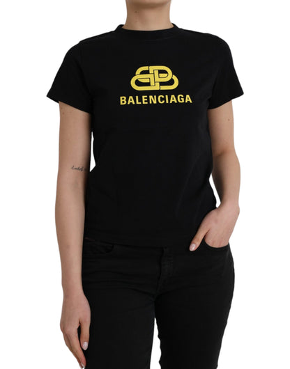 Camiseta de manga corta con cuello redondo y estampado de logotipo de algodón negro de Balenciaga