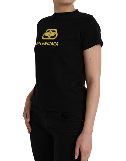 Camiseta de manga corta con cuello redondo y estampado de logotipo de algodón negro de Balenciaga