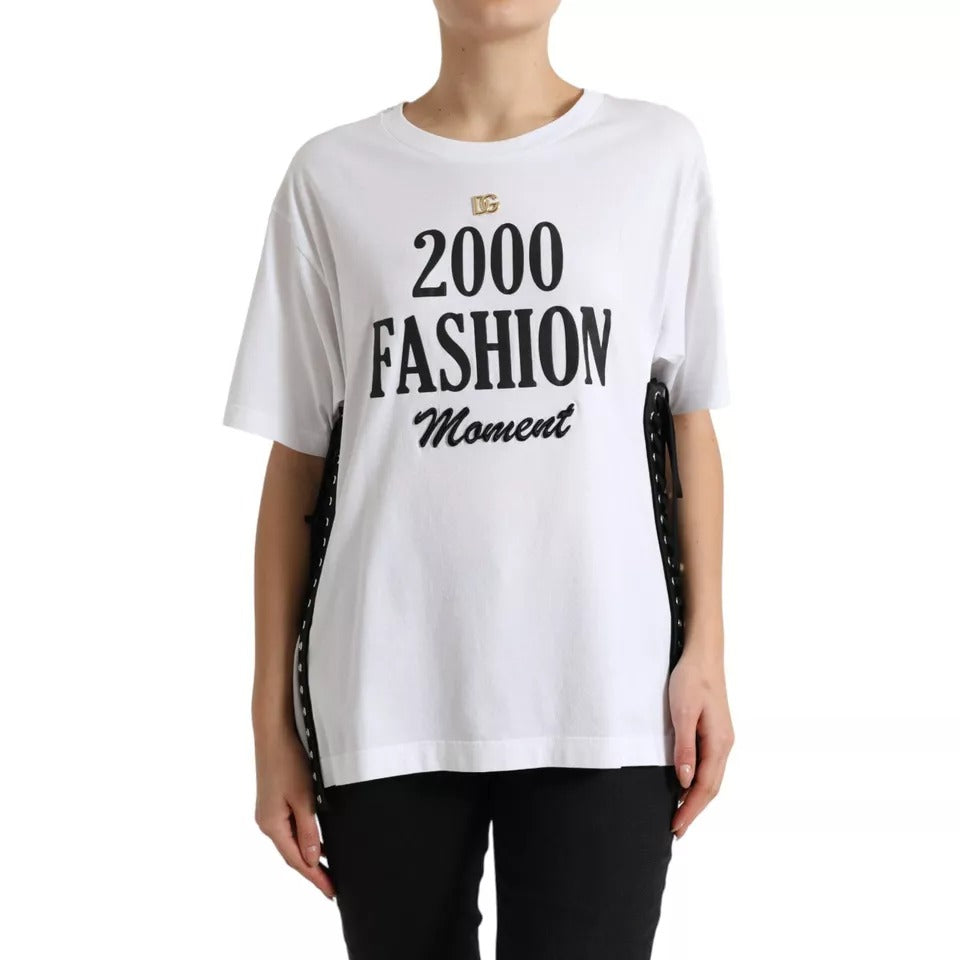 Dolce &amp; Gabbana White Slogan Print Snörning Detaljerad T-shirt