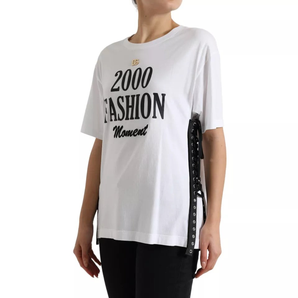 Dolce &amp; Gabbana White Slogan Print Snörning Detaljerad T-shirt