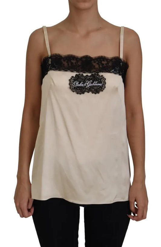 Dolce &amp; Gabbana Top bordado con logo de espagueti de encaje beige