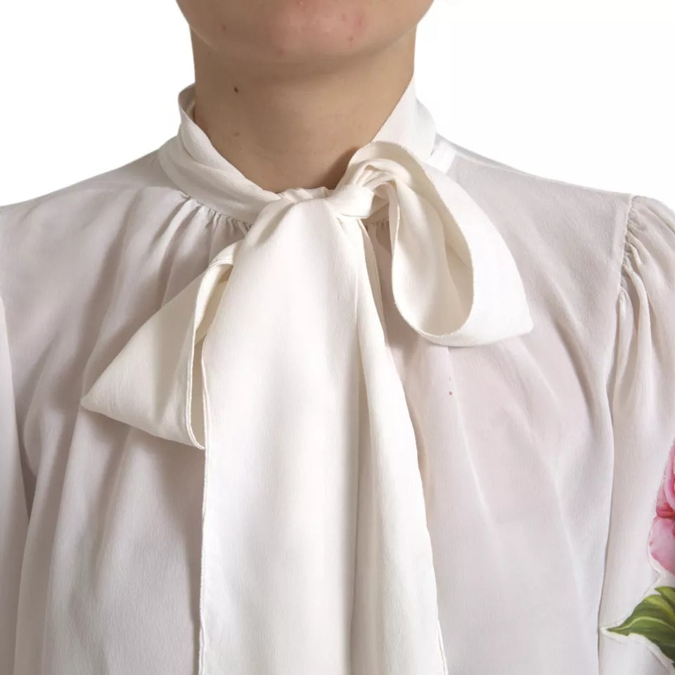 Blusa con cuello Ascot y estampado floral blanco de Dolce &amp; Gabbana