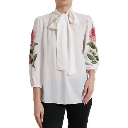 Blusa con cuello Ascot y estampado floral blanco de Dolce &amp; Gabbana