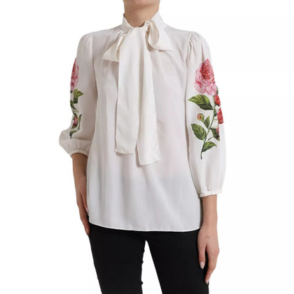 Blusa con cuello Ascot y estampado floral blanco de Dolce &amp; Gabbana