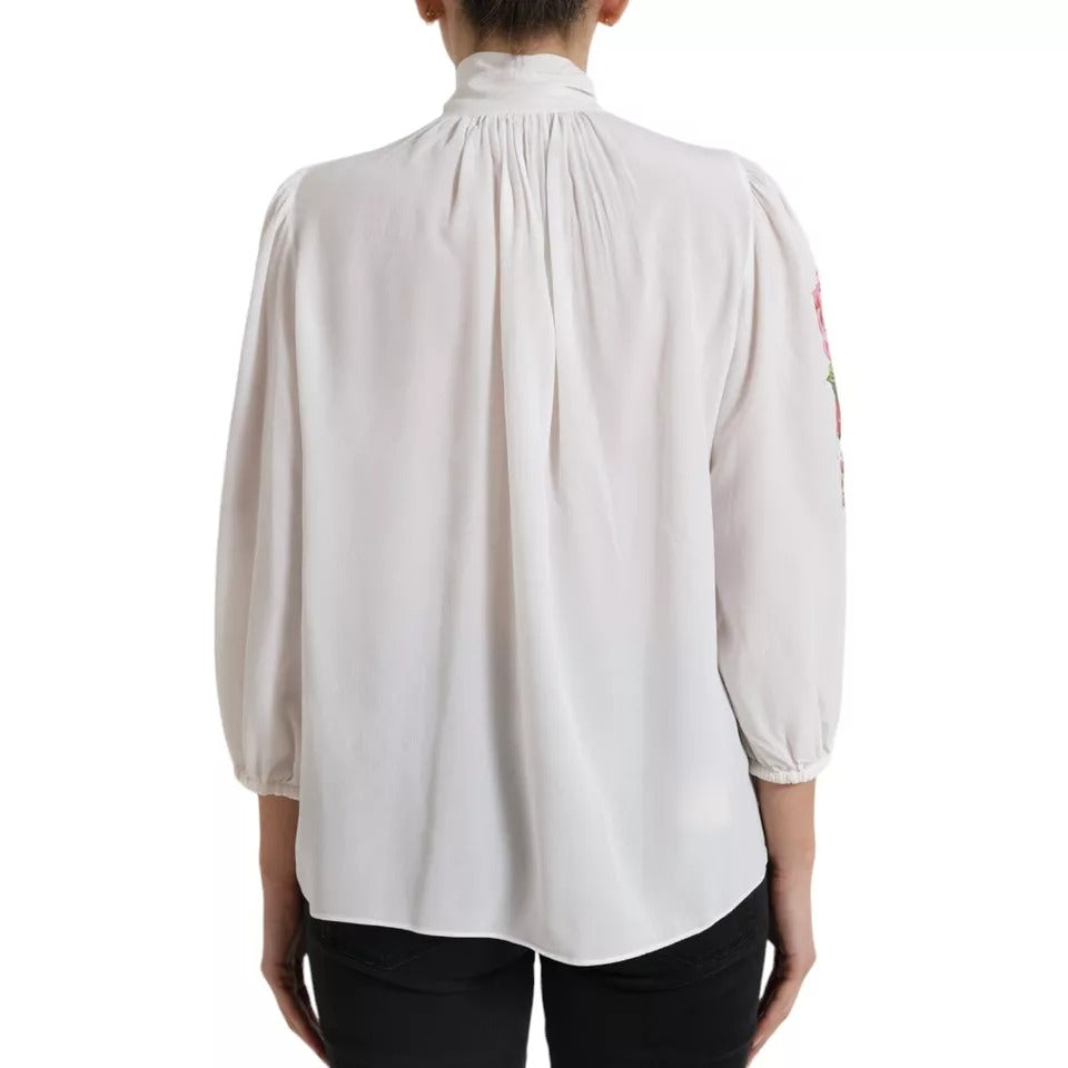 Blusa con cuello Ascot y estampado floral blanco de Dolce &amp; Gabbana