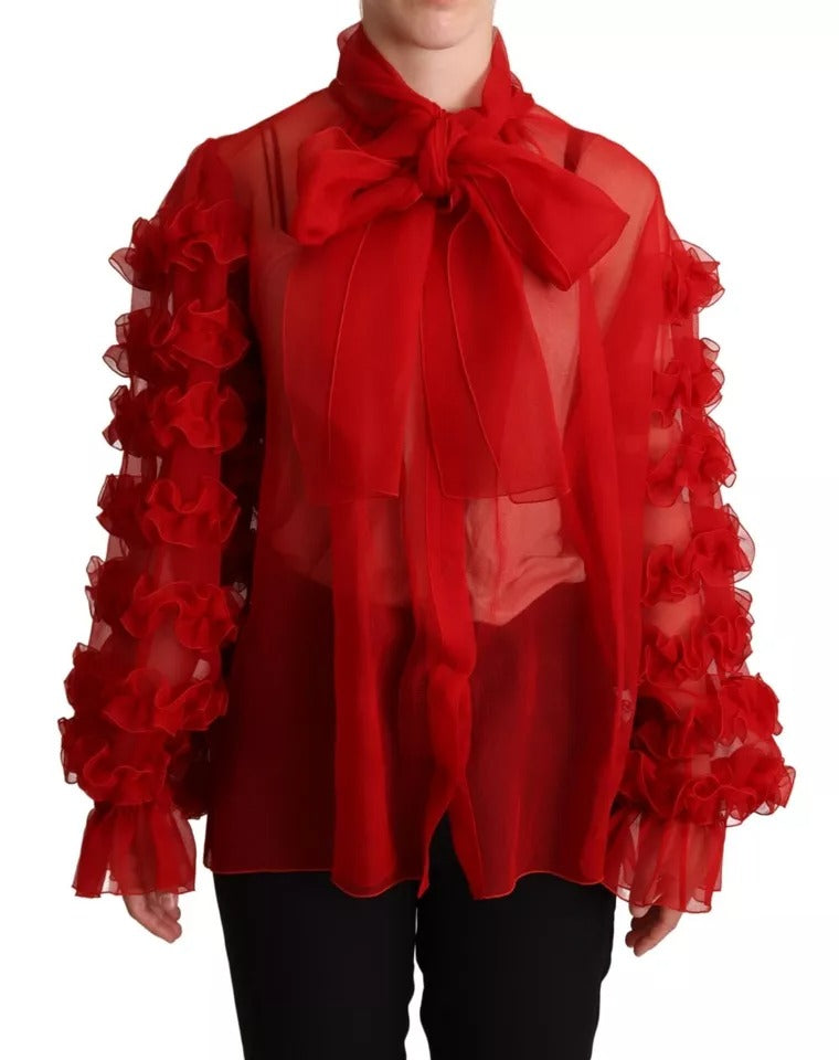 Blusa con volantes y cuello Ascot de seda roja de Dolce &amp; Gabbana