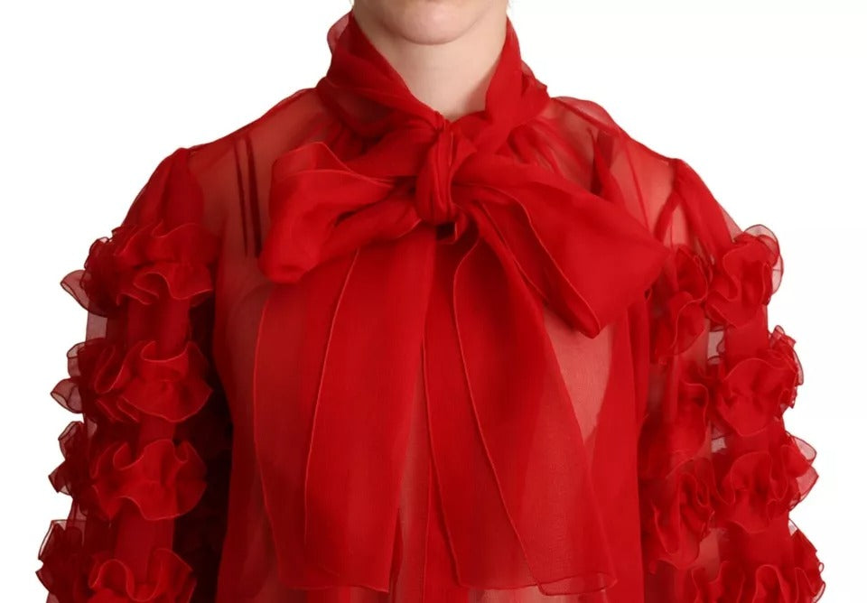 Blusa con volantes y cuello Ascot de seda roja de Dolce &amp; Gabbana