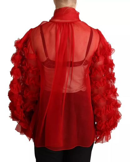 Blusa con volantes y cuello Ascot de seda roja de Dolce &amp; Gabbana