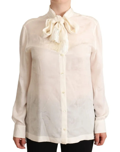 Blusa blanca Dolce &amp; Gabbana Camisa con cuello Ascot Blusa de seda con botones