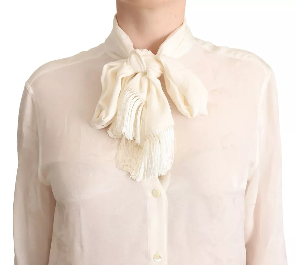 Blusa blanca Dolce &amp; Gabbana Camisa con cuello Ascot Blusa de seda con botones