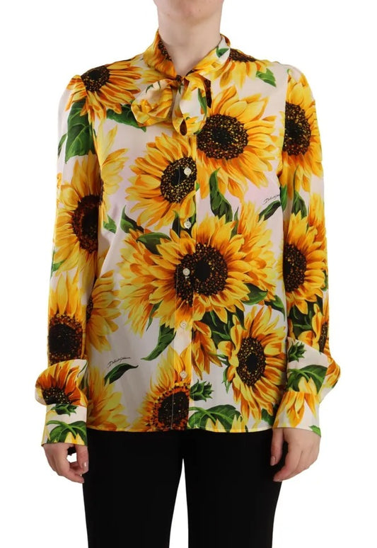 Blusa con cuello ascot de seda con estampado de girasoles blancos de Dolce &amp; Gabbana