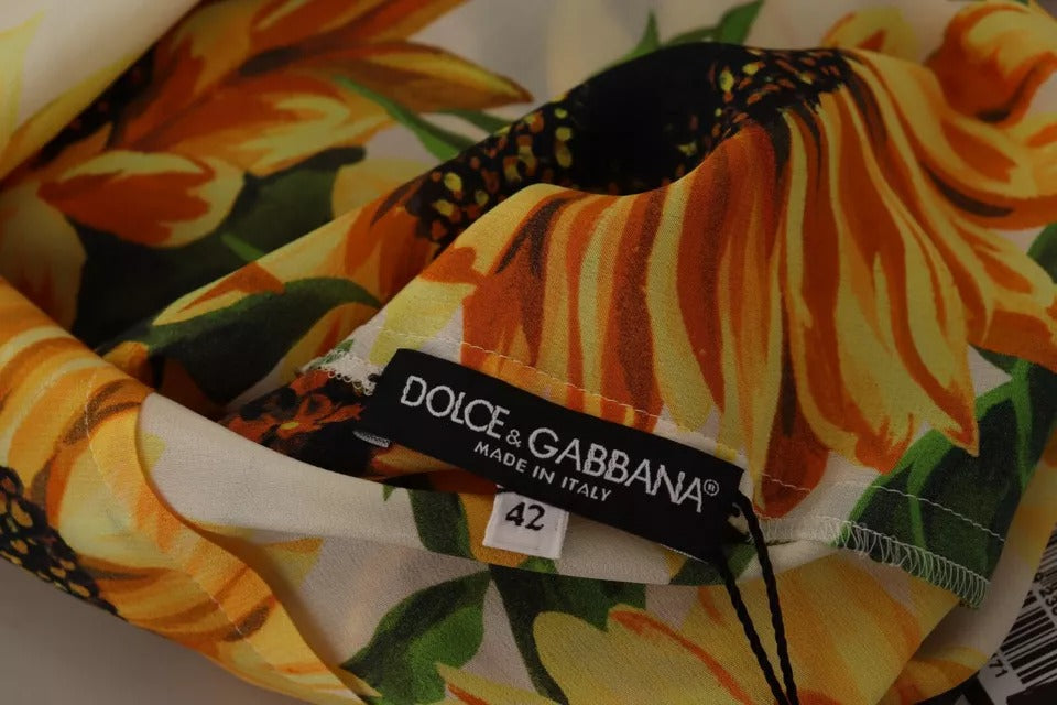 Blusa con cuello ascot de seda con estampado de girasoles blancos de Dolce &amp; Gabbana