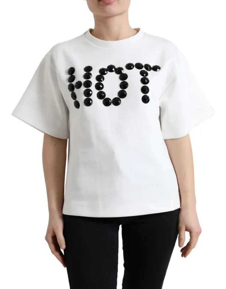 Dolce &amp; Gabbana White Cotton Stretch Svart HOT Crystal T-shirt