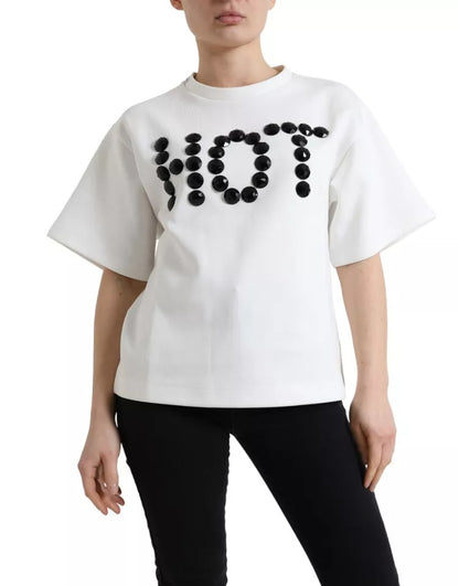 Dolce &amp; Gabbana White Cotton Stretch Svart HOT Crystal T-shirt