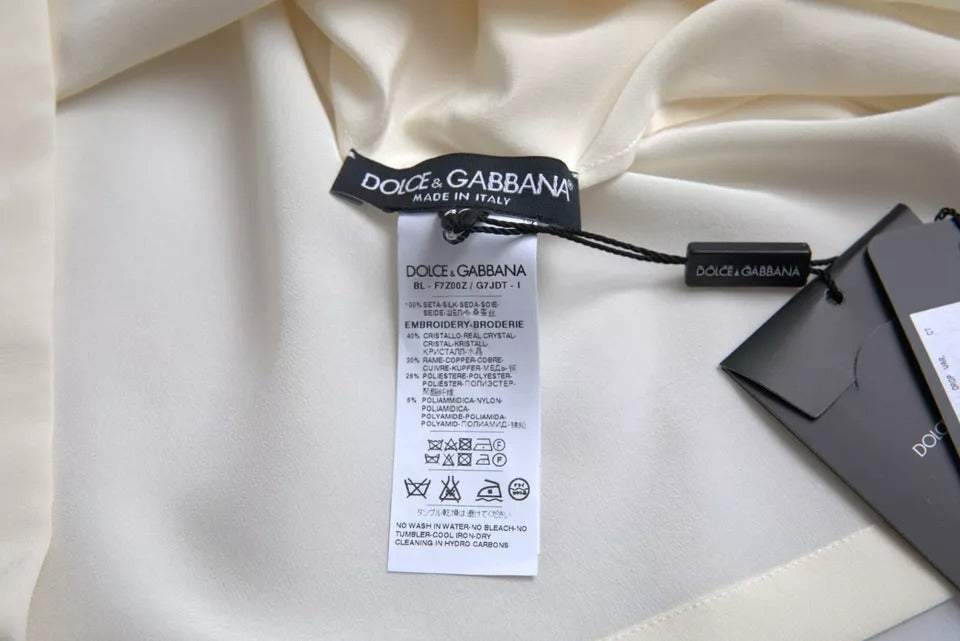 Dolce &amp; Gabbana White Silk Crystal 3/4-ärmad blustopp