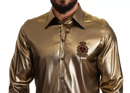 Dolce & Gabbana Metallic Gold DG Embroidered Crown Silk Top Shirt