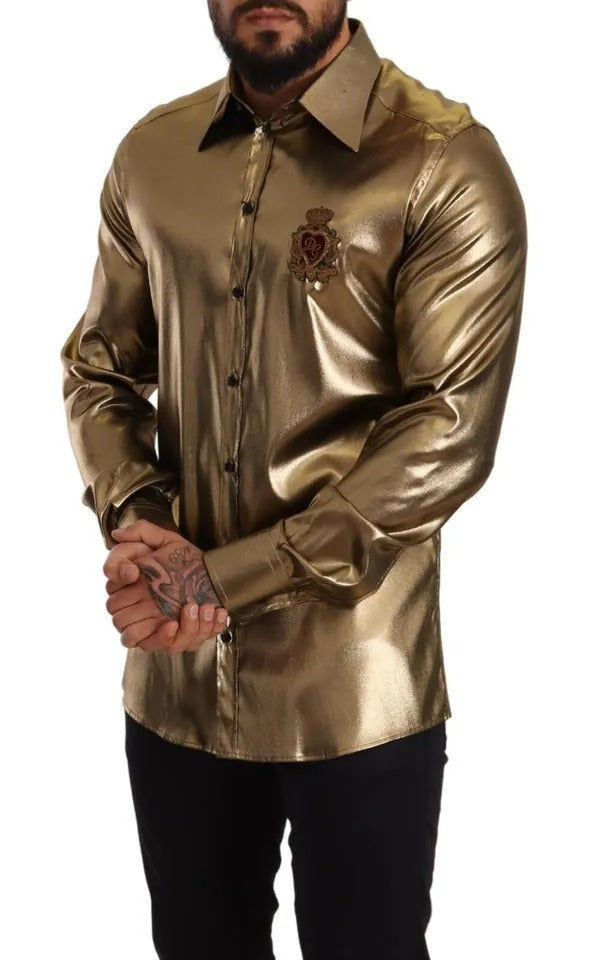 Dolce & Gabbana Metallic Gold DG Embroidered Crown Silk Top Shirt