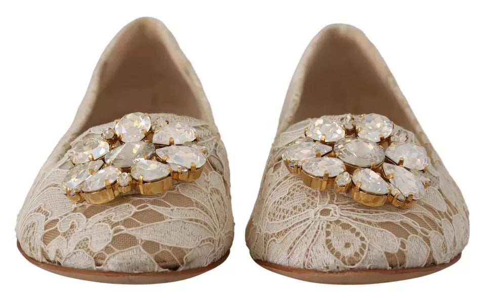 Dolce &amp; Gabbana Beige Spets Crystal Ballet Flats Loafers Skor