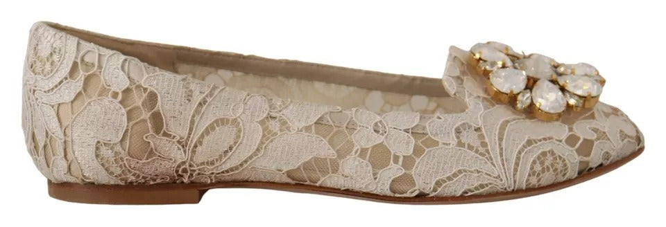 Dolce &amp; Gabbana Beige Spets Crystal Ballet Flats Loafers Skor