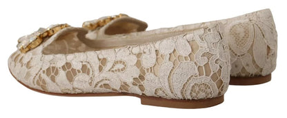 Dolce &amp; Gabbana Beige Spets Crystal Ballet Flats Loafers Skor