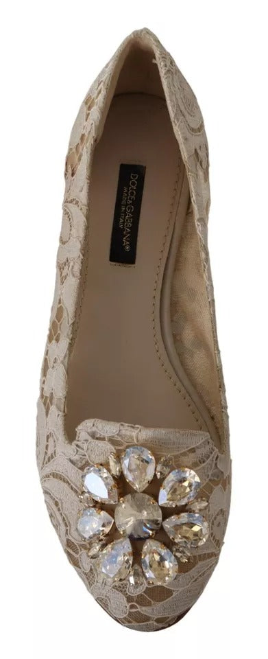 Dolce &amp; Gabbana Beige Spets Crystal Ballet Flats Loafers Skor