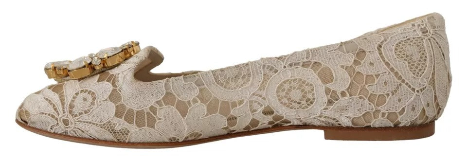 Dolce &amp; Gabbana Beige Spets Crystal Ballet Flats Loafers Skor