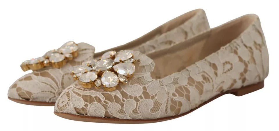 Dolce &amp; Gabbana Beige Spets Crystal Ballet Flats Loafers Skor