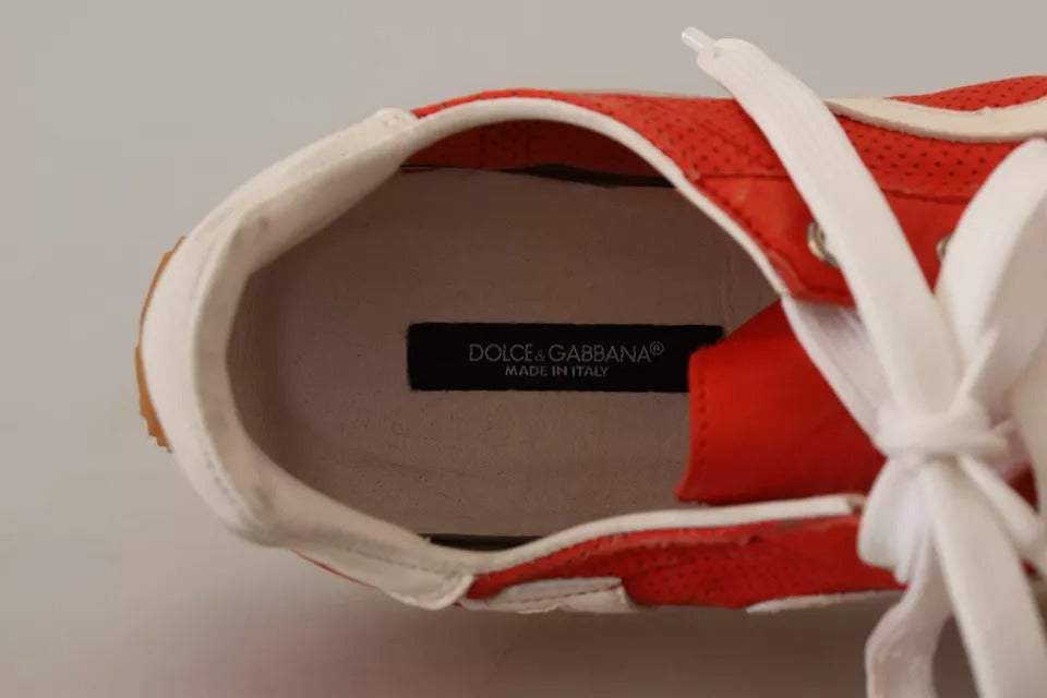 Dolce &amp; Gabbana Röd Vit Läder Herr Logotyp Casual Sneakers Skor