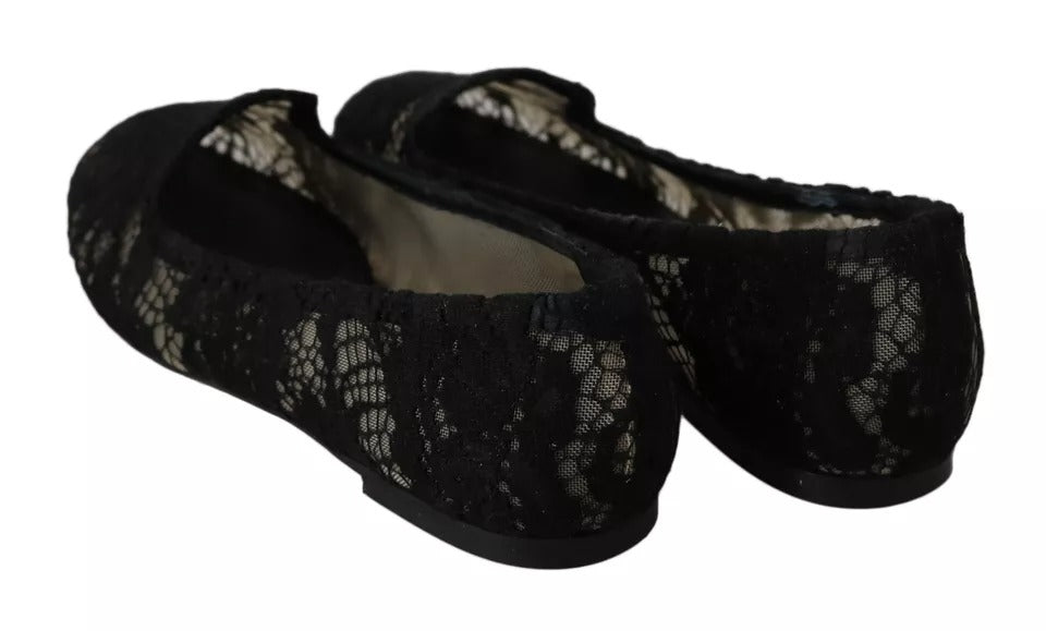 Dolce &amp; Gabbana Black Floral Lace Loafers Flats Shoes