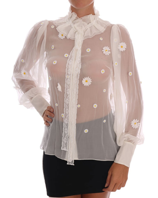 Dolce &amp; Gabbana Elegant White Silk Daisy Blus