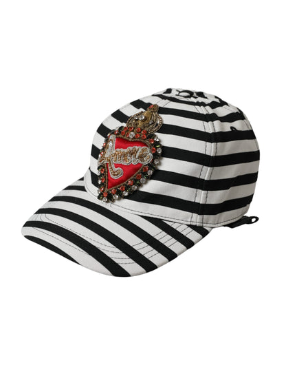 Dolce &amp; Gabbana Black White Stripe Amore Heart Applique baseballhatt