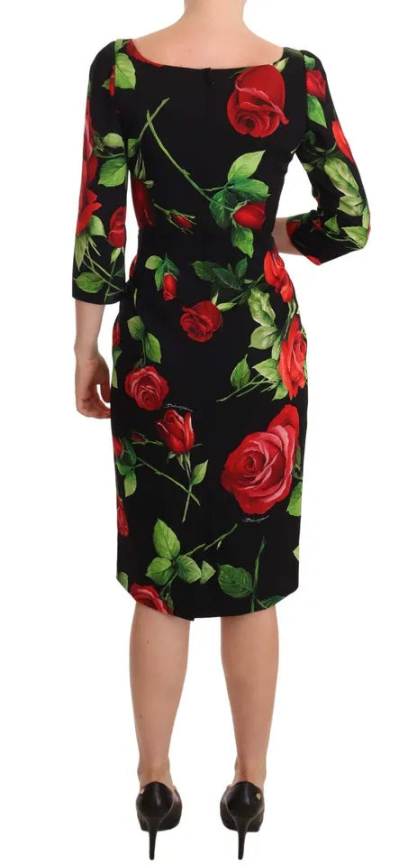 Vestido tubo de seda elástica con rosas rojas y negras de Dolce &amp; Gabbana